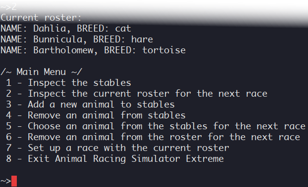 A screenshot of Animal Racing Simulator running in the terminal,
                           showing the main menu and a list of animals that are about to race
