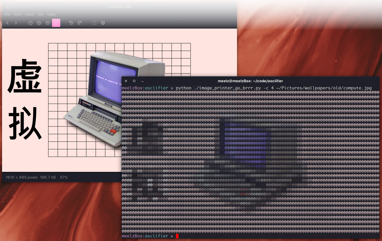 A screenshot of an image of a vintage computer, overlaid with the output
                    of ansifier on that image, a grid of about 80x55 colored octothorpes.