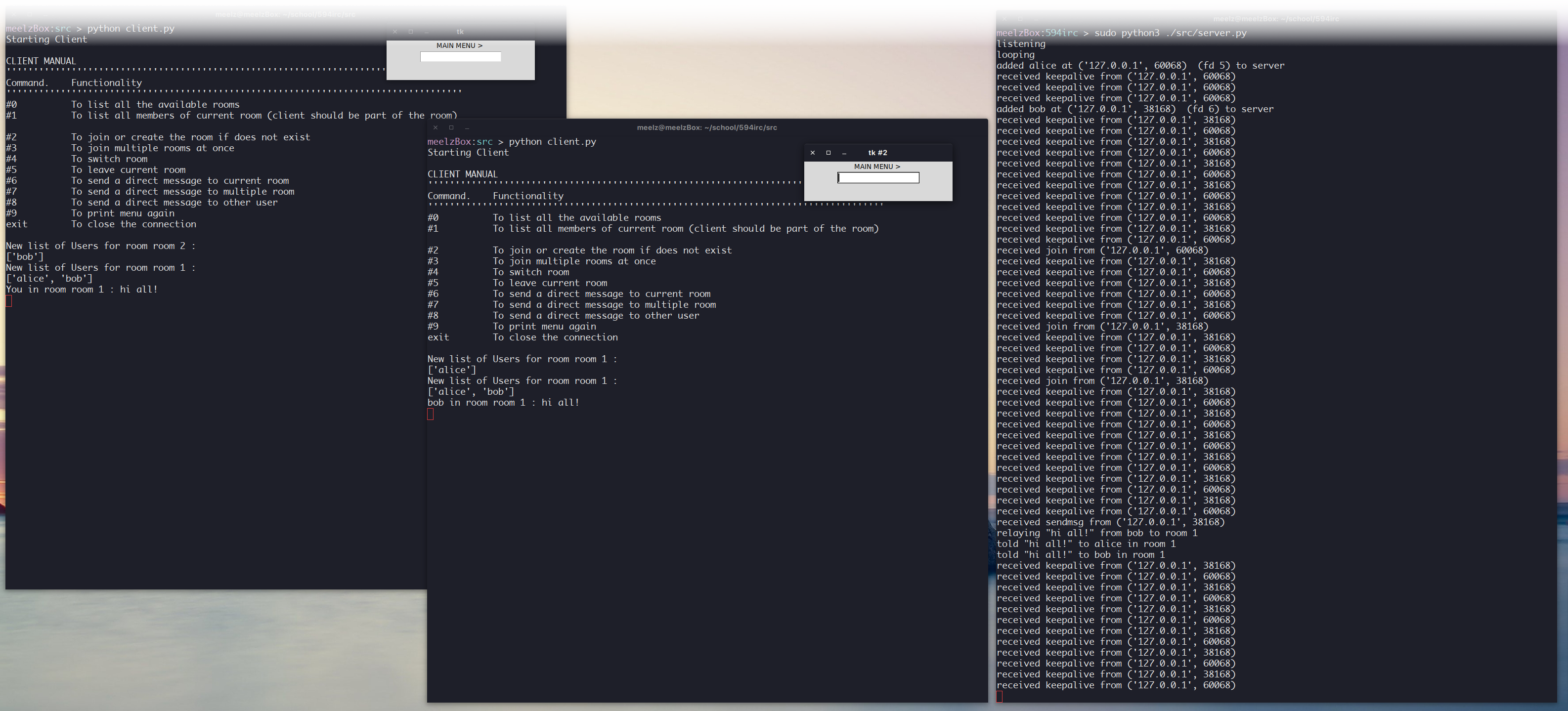 A screenshot of an IRC server and 2 clients running in 3 terminals windows