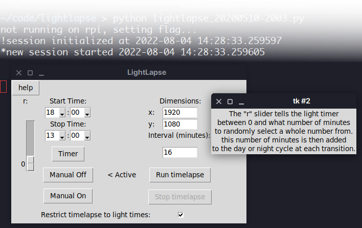 A screenshot of lightlapse running, with a
                         simple GUI for managing its functions